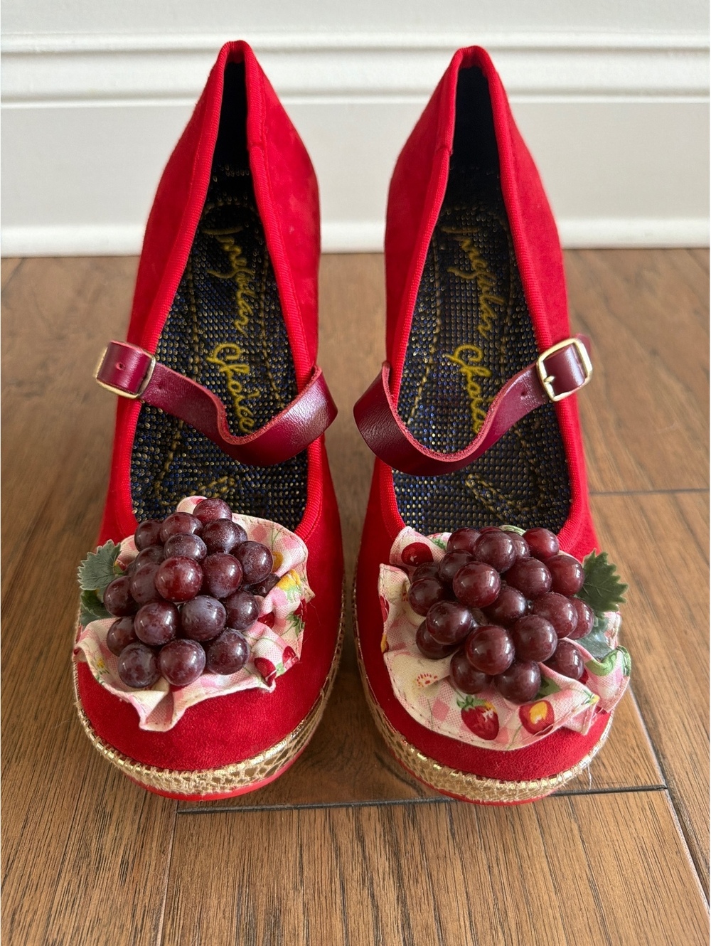 Irregular Choice Red Suede Wedge Heels with Grape and Strawberry Accent
